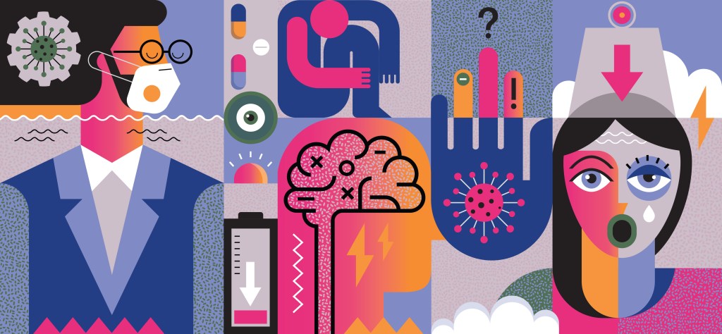 Colourful artwork showing a brain, a man wearing a protective mask, a woman looking anxious and a hand with germs on it.