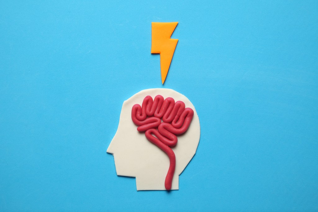 A shape of a head in profile, with a brain made of clay, with a lightning bolt image above the head.