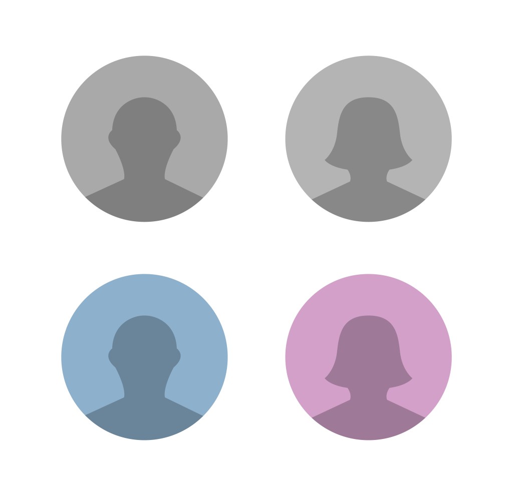 Four silhouettes of heads in circles. Two are grey, two have colours to mark their personalities.